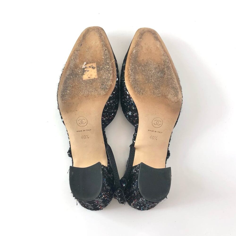 Chanel Black and Sequin Tweed Cap Toe CC Logo Slingback Pumps 40.5 - Picture 7 of 9